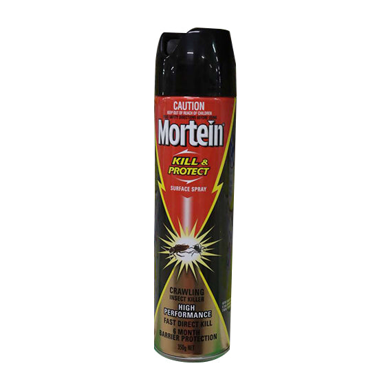 A can of Mortein insecticide spray with a predominantly black label, featuring red and green text and a lightning bolt graphic. The product is labeled as 'Kill & Protect' with a caution note at the top.